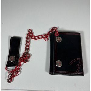 Fender Guitars Logo Leather Trucker Biker Wallet Black Leather w/ Red Chain